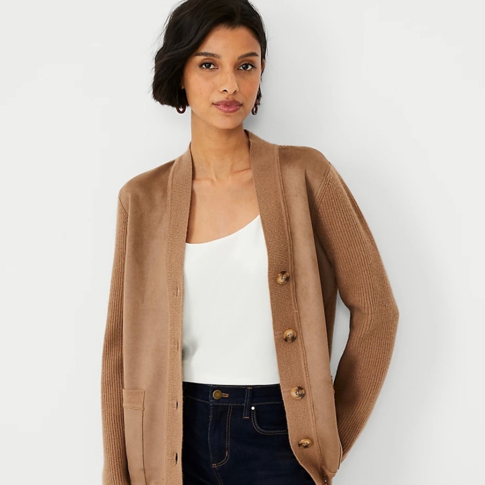 Petite Faux Suede Mixed Media Boyfriend Cardigan never worn